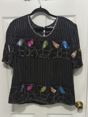 Vintage Black Sequin Cocktail Glass Embellished Top Size XL